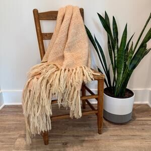 Vintage-Style Woven Throw Blanket 48x65 – Peach Beige Neutral Fringe